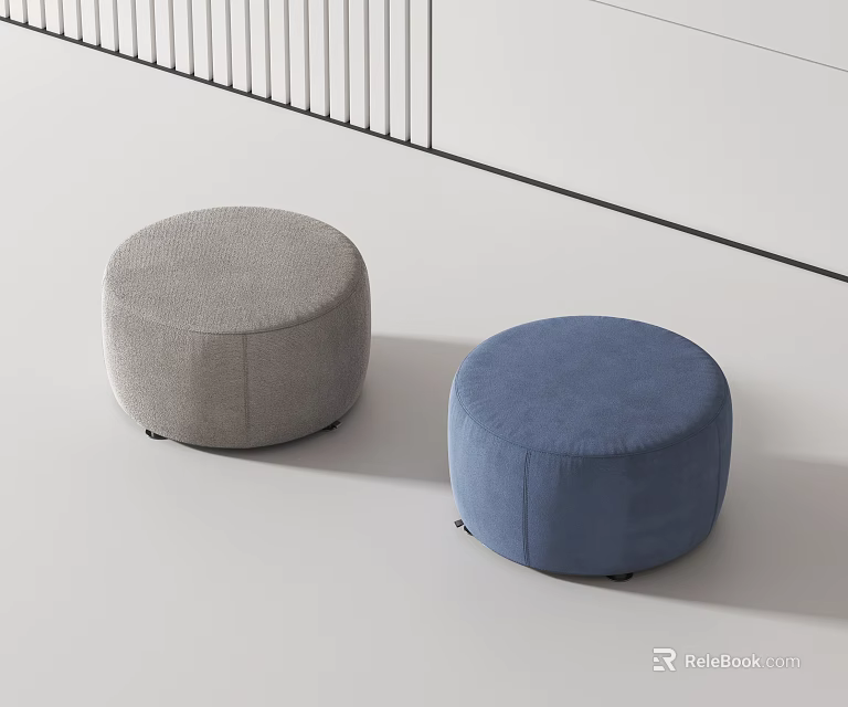 Modern Round Gray And Blue Upholstered Stools In Minimalist Interior Setting 3d model 