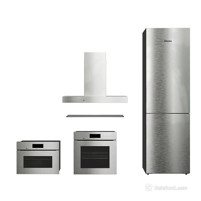 Modern Stainless Steel Kitchen Appliances Set Including Refrigerator Oven And Range Hood 3d model 