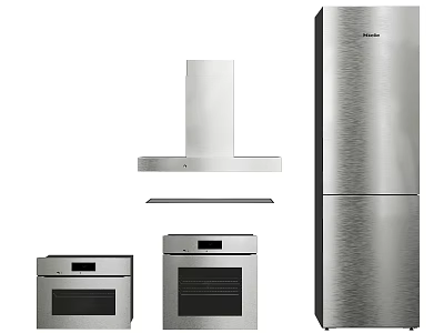 Modern Stainless Steel Kitchen Appliances Set Including Refrigerator Oven And Range Hood 3d model