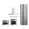 Modern Stainless Steel Kitchen Appliances Set Including Refrigerator Oven And Range Hood