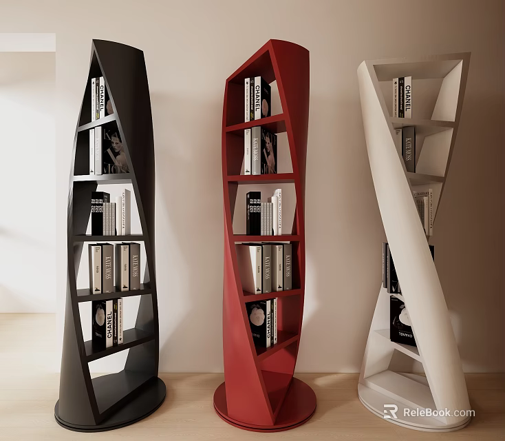 Modern Spiral Design Bookcases in Black Red White with Decorative Shelves and Books 3d model 