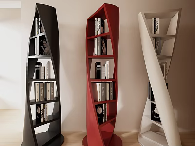 Modern Spiral Design Bookcases in Black Red White with Decorative Shelves and Books 3d model