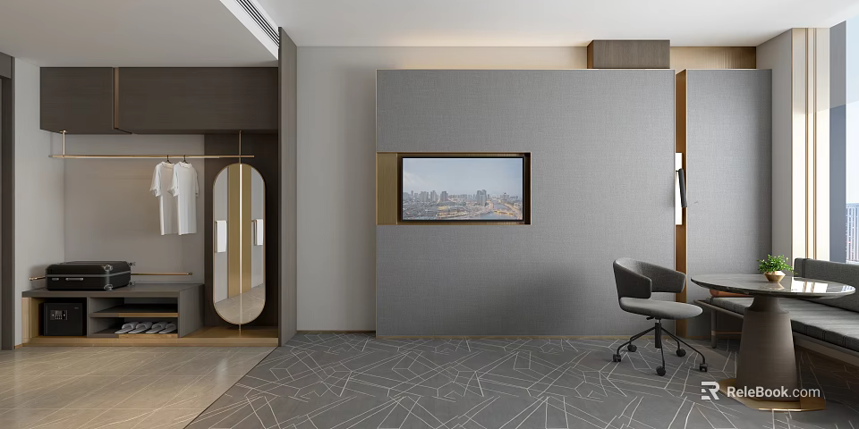 Modern Hotel Room Interior With City View TV Desk Chair And Patterned Carpet 3d model 