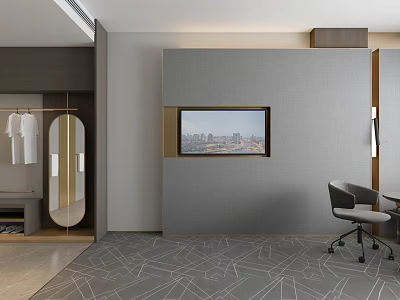 Modern Hotel Room Interior With City View TV Desk Chair And Patterned Carpet 3d model