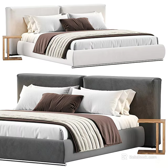 Modern Double Bed with Upholstered Headboard White Mattress Brown Pillows Striped Blanket Wooden Nightstand 3d model 