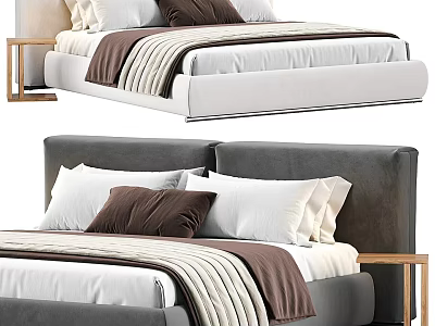 Modern Double Bed with Upholstered Headboard White Mattress Brown Pillows Striped Blanket Wooden Nightstand 3d model