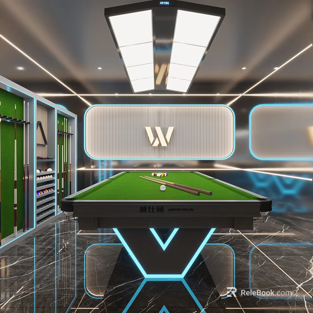Modern Billiard Room Interior Design With Green Pool Table LED Lighting And Cue Storage 3d model