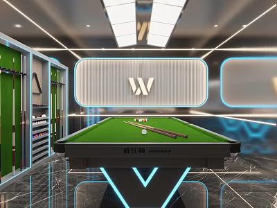 Modern Billiard Room Interior Design With Green Pool Table LED Lighting And Cue Storage 3d model