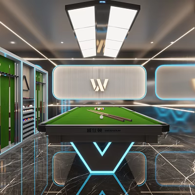 Modern Billiard Room Interior Design With Green Pool Table LED Lighting And Cue Storage 3d model