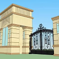 Classical Entrance Gate with Black Iron Design Stone Pillars and Decorative Patterns 3d model
