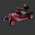 Black Custom Car With Red Flame Decals Exposed Engine Yellow Roof Lights And Red Rims