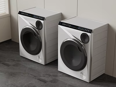 Modern White Washing Machines With Control Panel Side By Side In Laundry Area 3d model