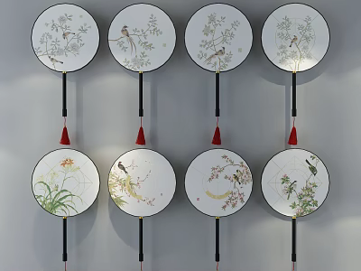 Chinese Round Fan Wall Hanging with Floral Bird Patterns and Red Tassels 3d model