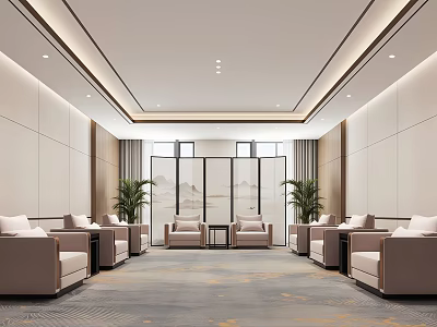 Elegant Modern Reception Area Interior With Beige Sofas Green Plants And Screen 3d model
