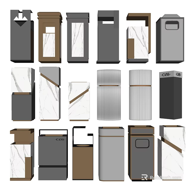 Public Trash Bins With Various Modern Designs Marble Patterns And Metal Textures 3d model