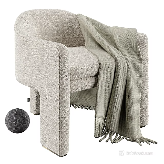 Beige Plush Accent Chair with Knitted Throw Blanket Tassels and Fuzzy Ball Decor 3d model 