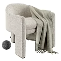 Beige Plush Accent Chair with Knitted Throw Blanket Tassels and Fuzzy Ball Decor