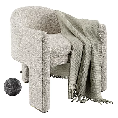 Beige Plush Accent Chair with Knitted Throw Blanket Tassels and Fuzzy Ball Decor 3d model