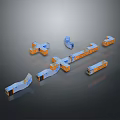 Orange And Blue Mechanical Components With Various Shapes For Industrial Applications 3d model
