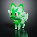 Green Cartoon Cat Like Animal With Big Pink Eyes And Pointed Ears