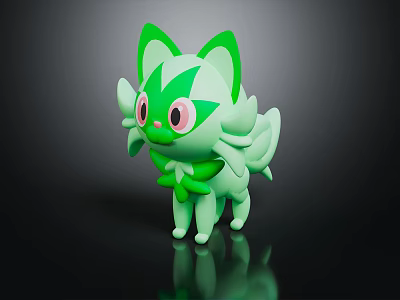 Green Cartoon Cat Like Animal With Big Pink Eyes And Pointed Ears 3d model