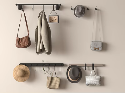 Wall Mounted Coat Racks With Various Bags Hats And Coats 3d model