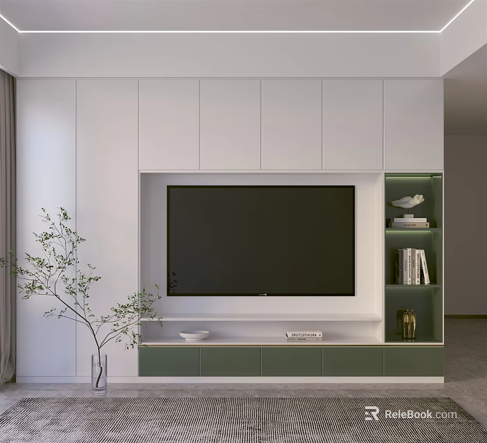 White and Green TV Wall Cabinet with Built-in TV Shelves and Green Plant 3d model 