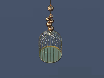 Hanging Golden Birdcage With Decorative Metal Balls And Blue Base For Home Decoration 3d model
