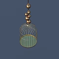 Hanging Golden Birdcage With Decorative Metal Balls And Blue Base For Home Decoration