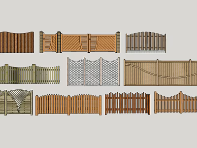 Various Fence Designs with Wooden Lattice Wavy and Metal Styles 3d model