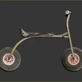 Tricycle with Golden Frame Black Seat and Gray Wheels Featuring Red Hubs on Dark Background