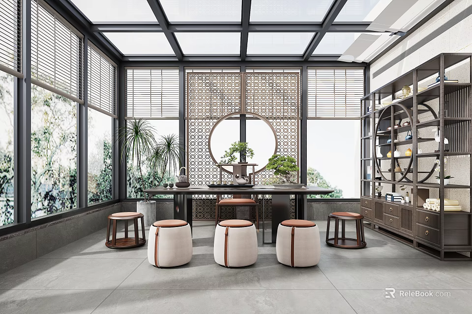 Chinese Villa Balcony With Glass Roof Wooden Lattice Circular Window Green Plants Table And Stools 3d model 