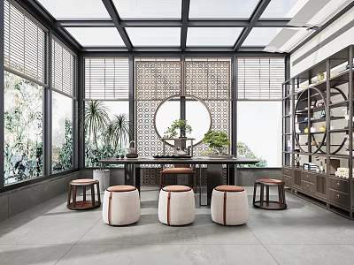 Chinese Villa Balcony With Glass Roof Wooden Lattice Circular Window Green Plants Table And Stools 3d model