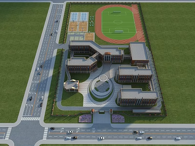 Aerial View of Modern School Building Complex With Sports Field Track and Green Surroundings 3d model