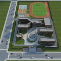 Aerial View of Modern School Building Complex With Sports Field Track and Green Surroundings