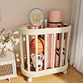 Beige Mobile Storage Rack for Kids Room with Basketball Rabbit Plush and Toys