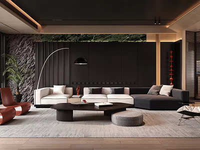 Modern Living Dining Room Interior With Sofa Floor Lamp Stone Wall And Coffee Table 3d model