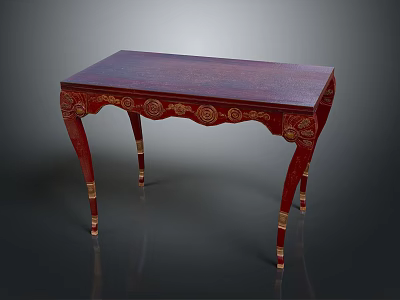 Red Wooden Table With Golden Carvings On Elegant Legs And Dark Top 3d model