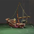 Vintage Wooden Boat With Small Sail and Miniature Figure On Green Map Surface