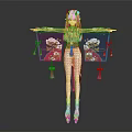 3D Anime Female Character In Ornate Traditional Kimono With Bird Patterns And Outstretched Arms