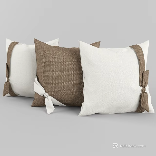 Brown And White Linen Decorative Throw Pillows With Bow Accents 3d model 