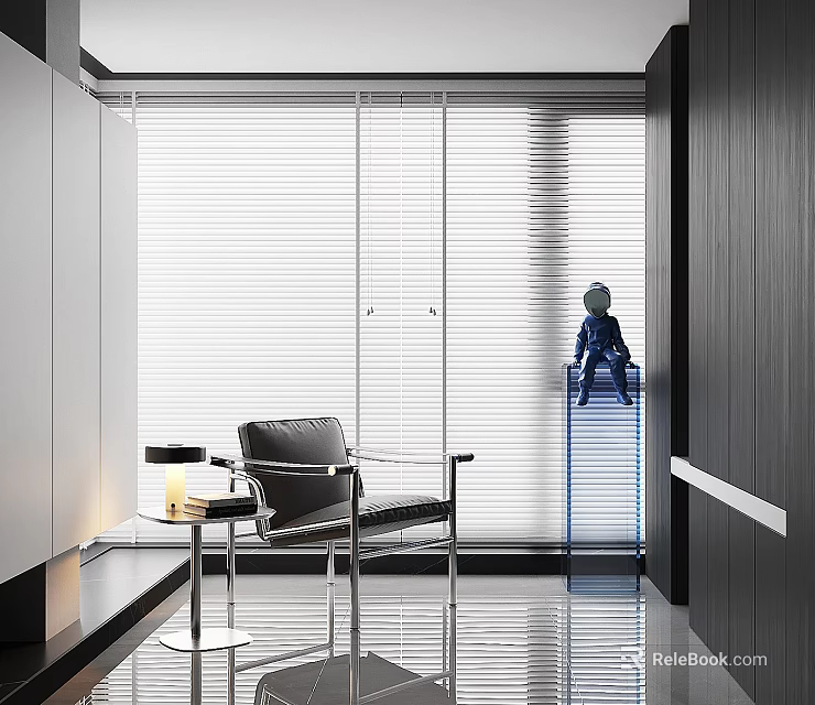 Modern Black Lounge Chair In Minimalist Interior With Window Blinds And Side Table 3d model 