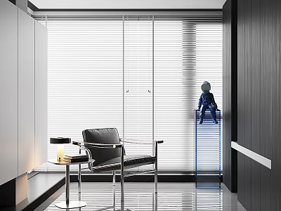Modern Black Lounge Chair In Minimalist Interior With Window Blinds And Side Table 3d model