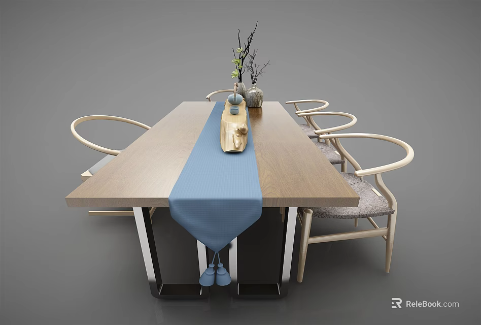 Wooden Dining Table Set With Curved Chairs Blue Table Runner And Decorative Vase 3d model 