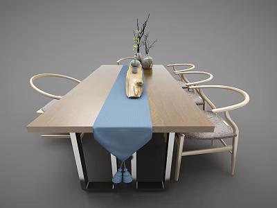 Wooden Dining Table Set With Curved Chairs Blue Table Runner And Decorative Vase 3d model