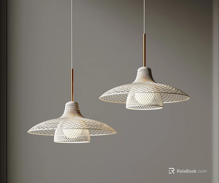 Two Modern White Woven Pendant Lights with Elegant Design Hanging in Interior Decor 3d model 