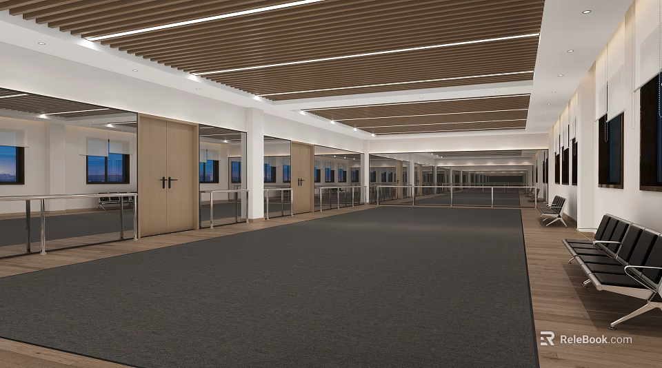 Spacious Modern Fitness Center With Wooden Ceiling Glass Doors And Gray Carpet 3d model 