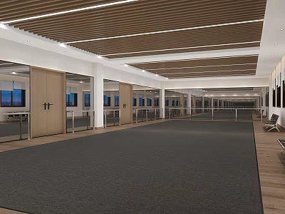 Spacious Modern Fitness Center With Wooden Ceiling Glass Doors And Gray Carpet 3d model