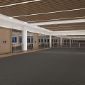 Spacious Modern Fitness Center With Wooden Ceiling Glass Doors And Gray Carpet