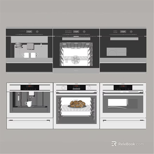Modern Built In Kitchen Appliances With Black White Oven Microwave And Coffee Maker Interior 3d model 